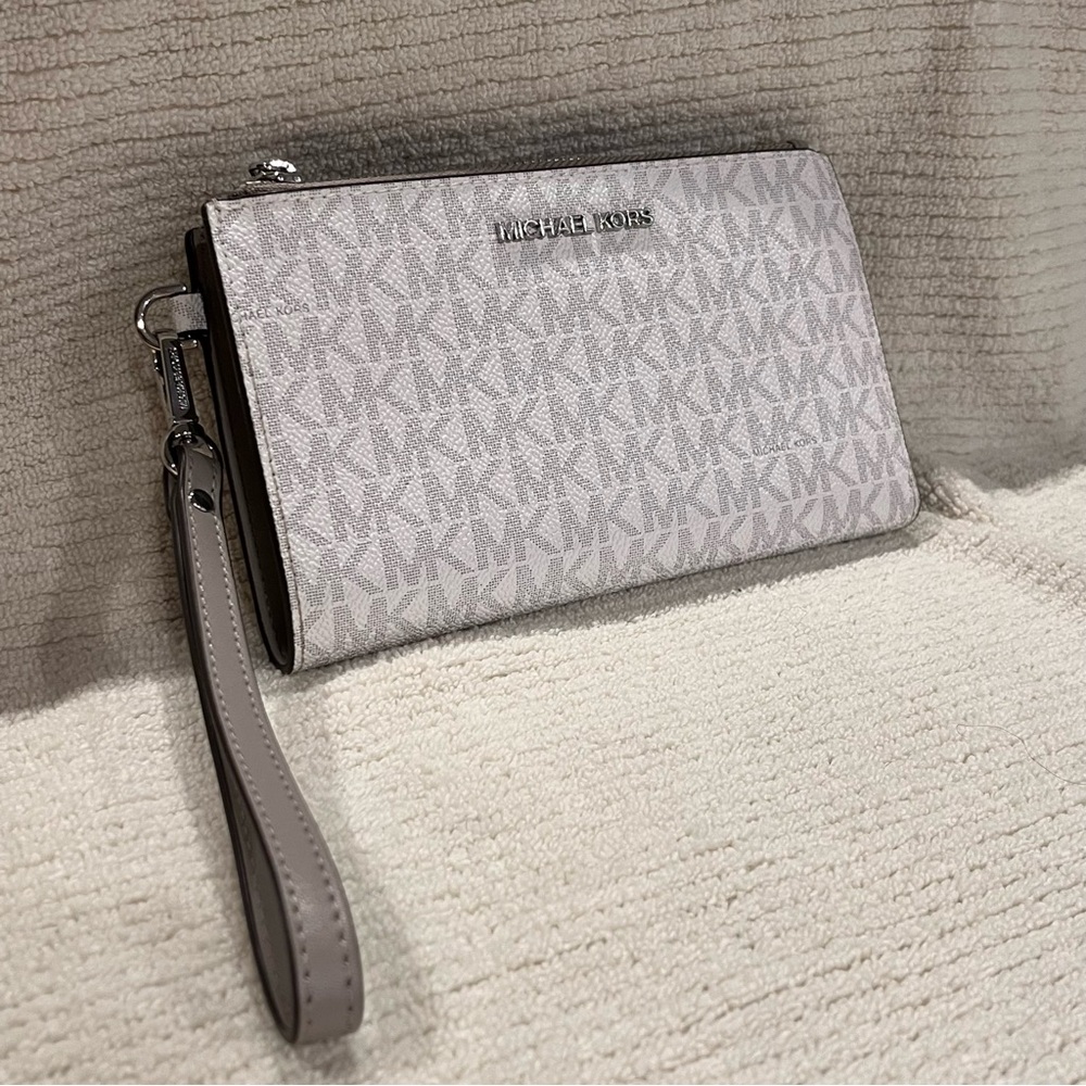 Michael Kors Light Gray & White Monogram Wristlet